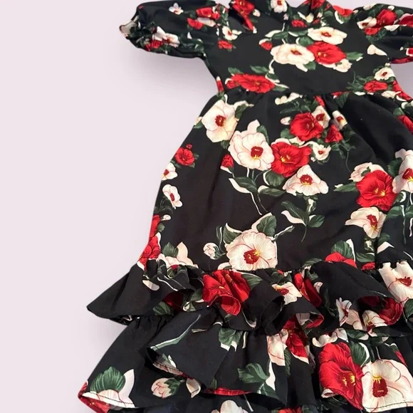 Girls Red And Black Dream Floral Dress with Ruffle Accents And Cut Out Sz 4 - Picture 2 of 11